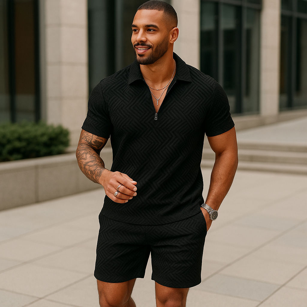 En mand iført sort mønstret polo og shorts står udendørs foran en moderne bygning. Han smiler og bærer et armbåndsur.