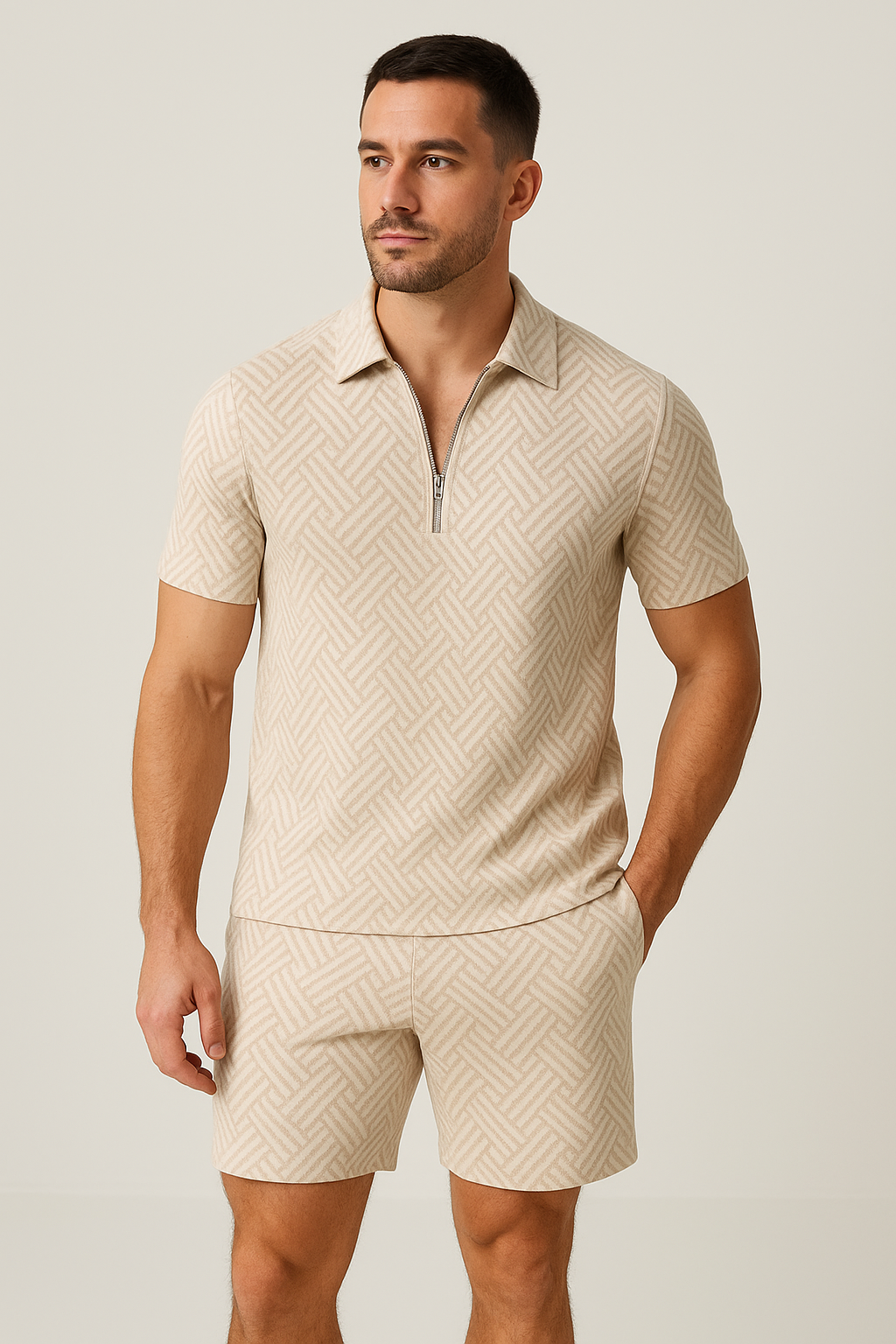 Mand iført beige mønstret poloshirt og shorts med lynlås, moderne herremode, stilfuldt sommeroutfit, afslappet tøj til mænd, minimalistisk design.
