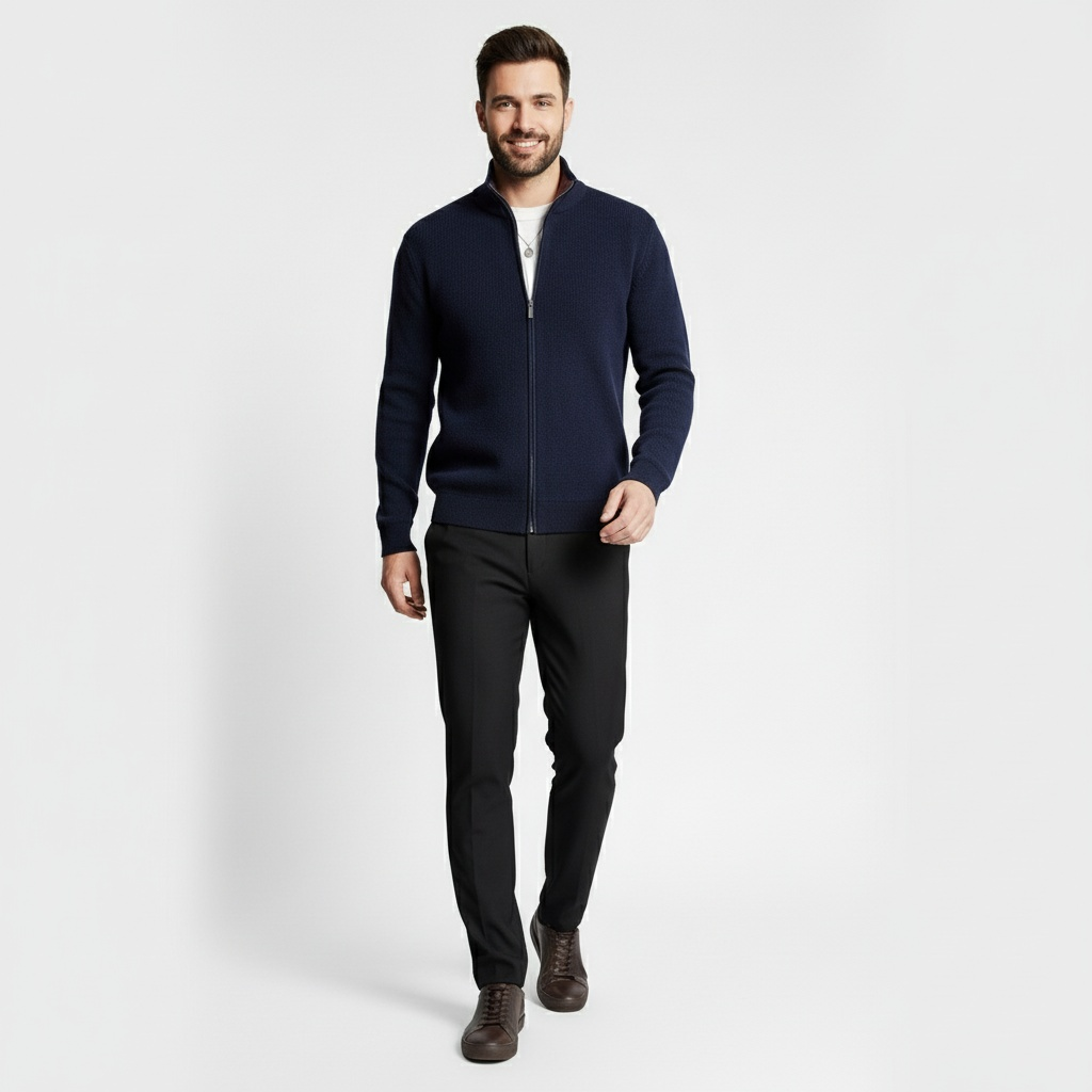 Mand iført mørkeblå cardigan og sorte bukser, går mod kameraet. Stilfuldt herretøj, moderne mode, afslappet look.