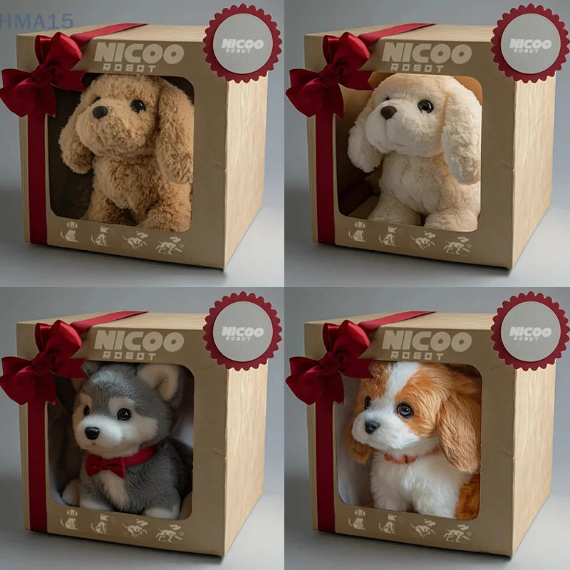 Fire forskellige plysrobot-hunde i gaveæsker med røde sløjfer. Perfekt som interaktivt legetøj til børn. Ideel gaveidé til hundeelskere.
