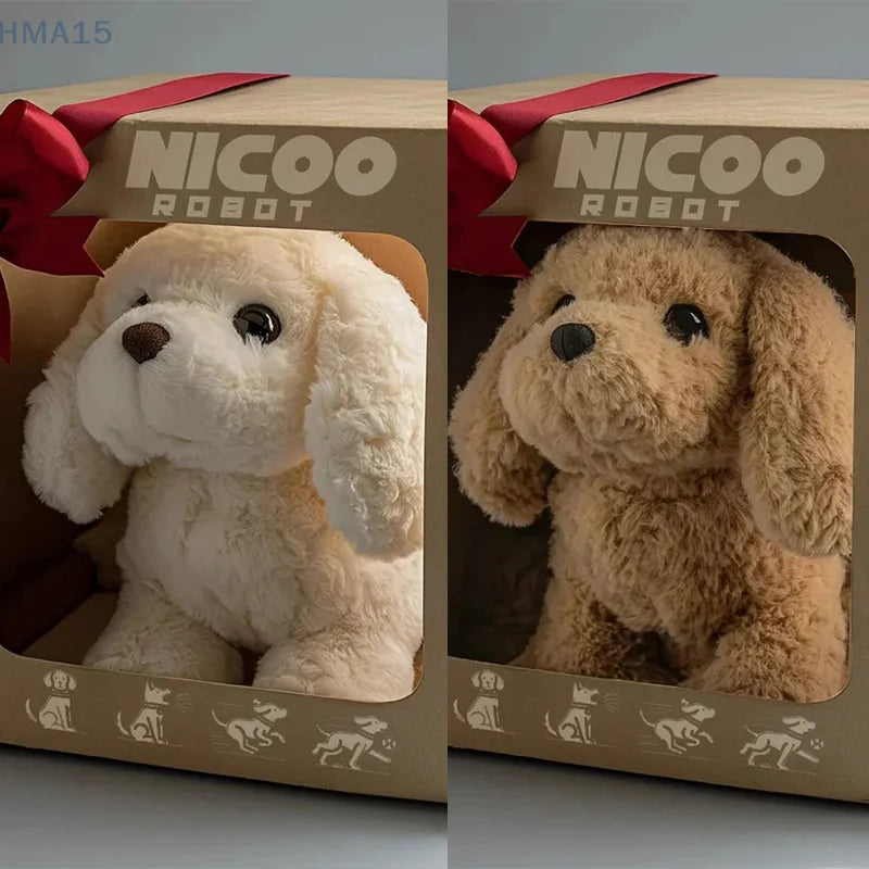 To plysbamser i gaveæske, mærket "Nicoo Robot", med rødt bånd. Perfekt som gave til børn. Bløde, nuttede hunde bamser i brun og hvid.