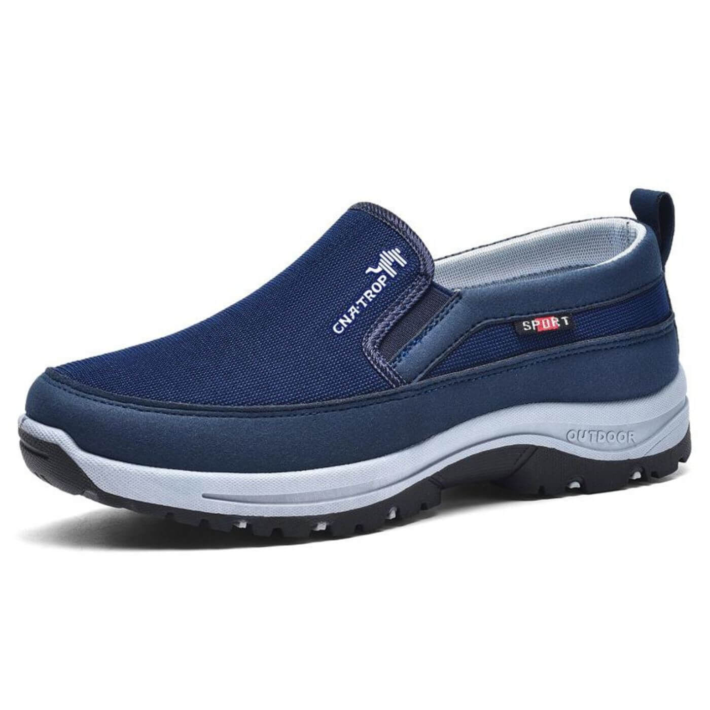 Blå herresko i slip-on design med hvid sål, velegnet til udendørs sport. Komfortabel og stilfuld fodtøj til hverdagsbrug.