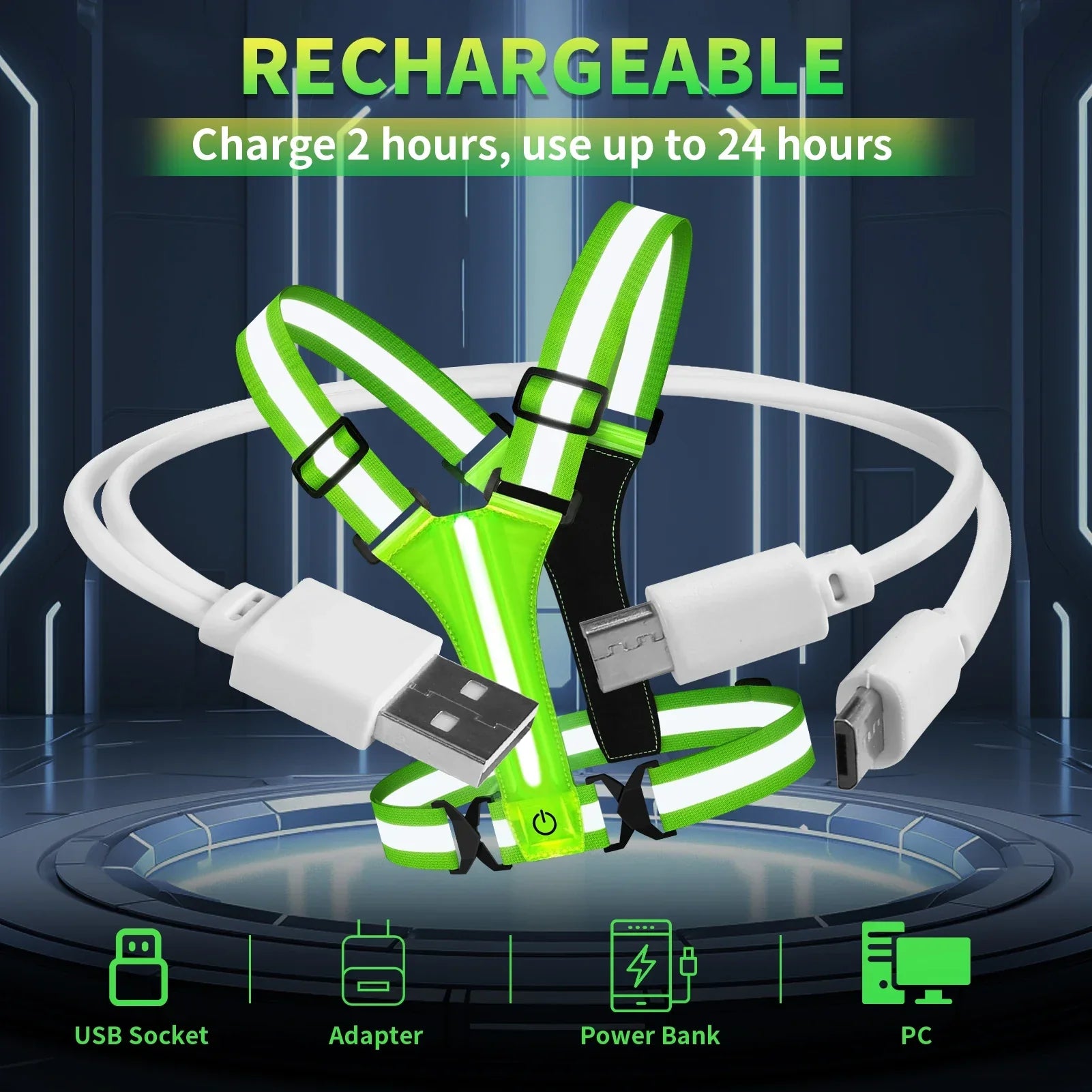 Genopladelig LED-refleksvest med USB-kabel, oplades på 2 timer, holder op til 24 timer. Ideel til løb, cykling, udendørs aktiviteter.