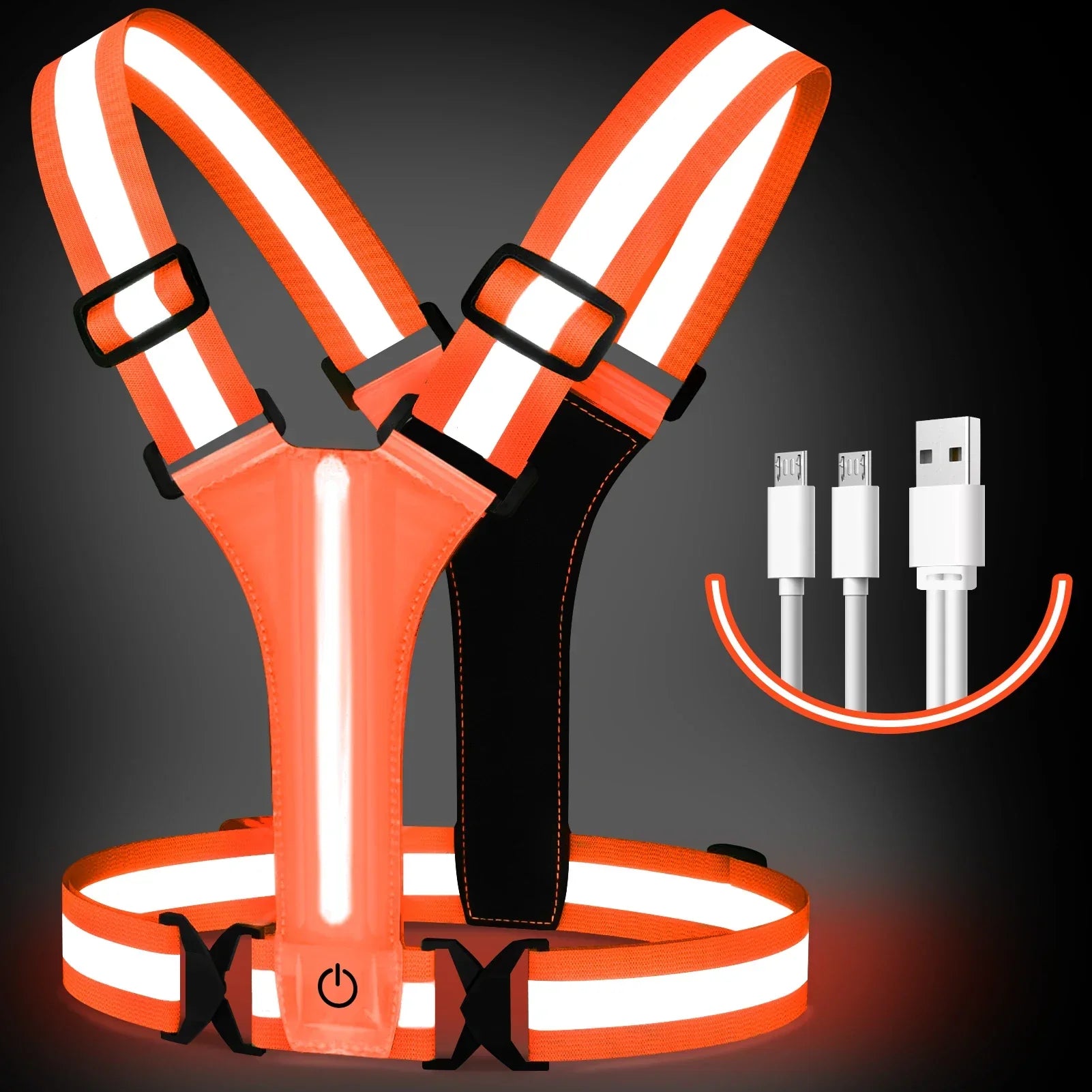 Refleksvest med LED-lys og USB-opladning, justerbar og sikker til løb og cykling, orange med hvide striber, inkluderer opladerkabel.