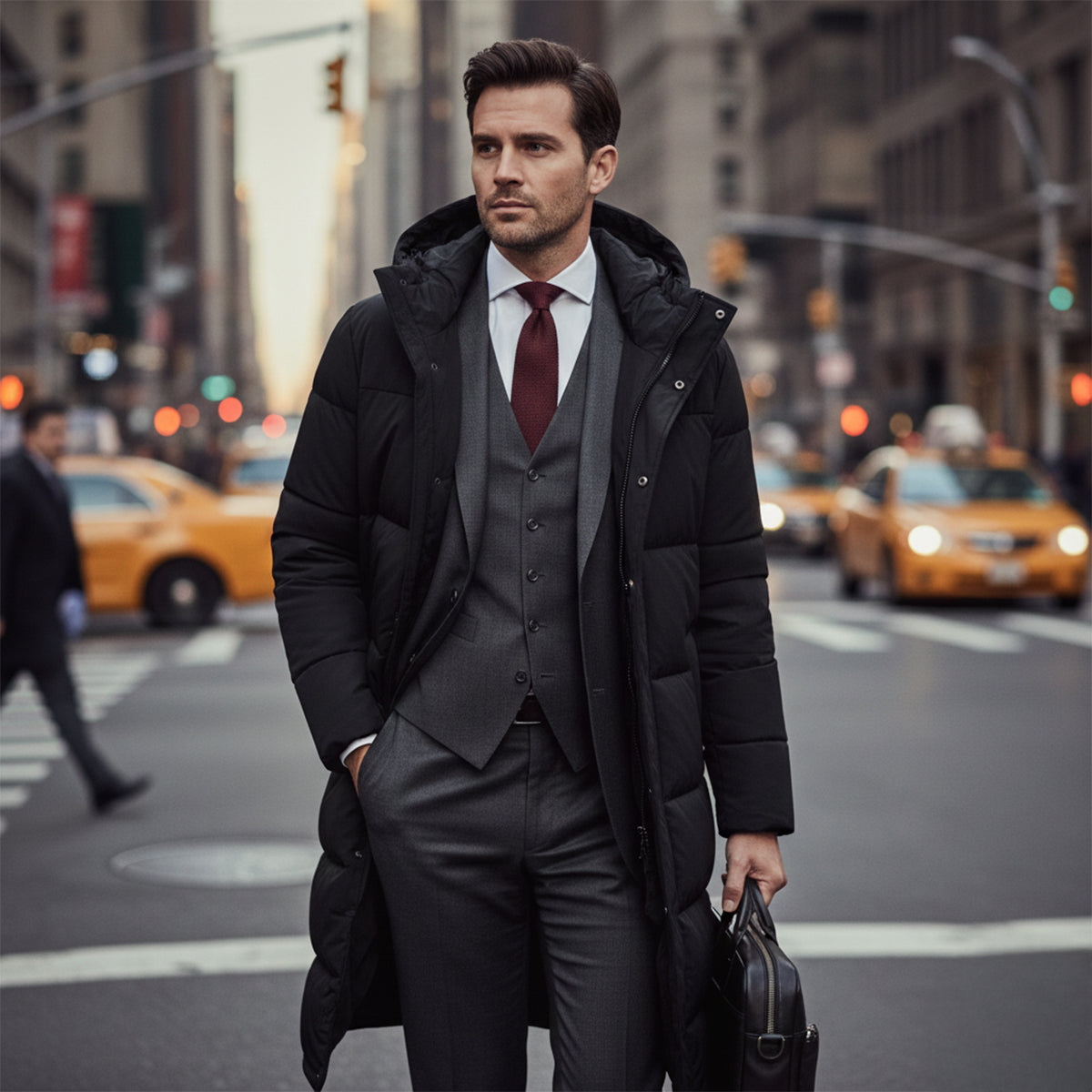 Forretningsmand i grå jakkesæt og sort frakke krydser travl byvej med gule taxaer i baggrunden. Urban mode, professionel stil, New York.