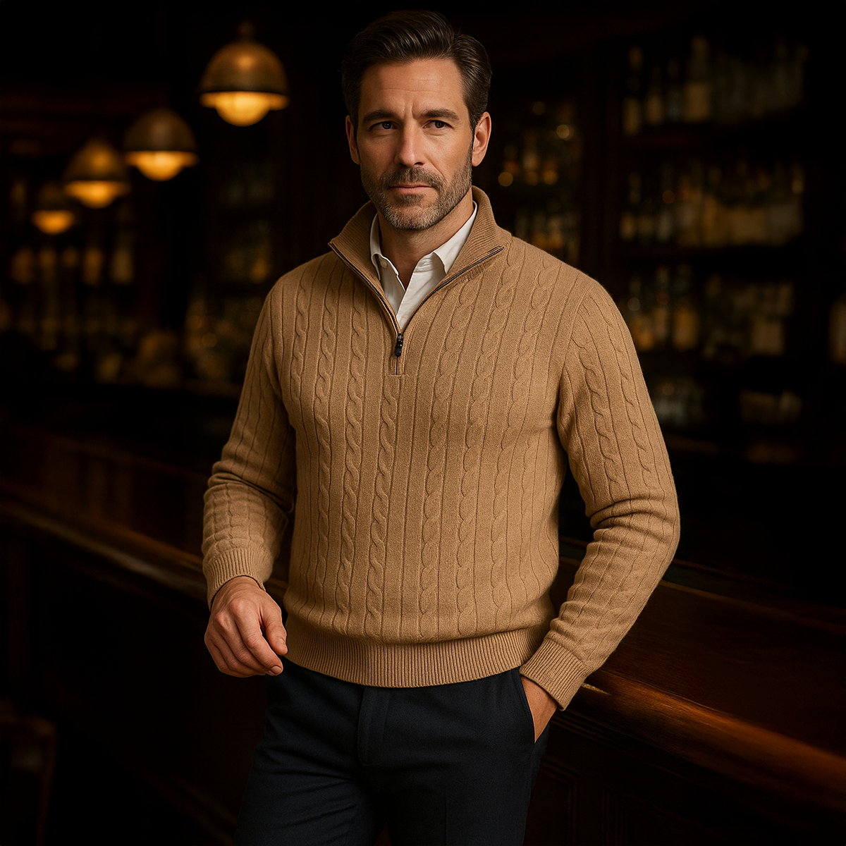 En mand i en beige kabelstrikket sweater med lynlås står i en elegant bar. Stilfuld herremode, efterårstøj, klassisk design.