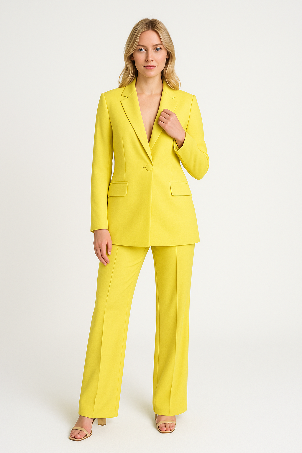 Kvinde i gul buksedragt, moderne jakkesæt, poserer mod hvid baggrund. Trendy mode, stilfuldt design, elegant look, perfekt til kontor eller fest.
