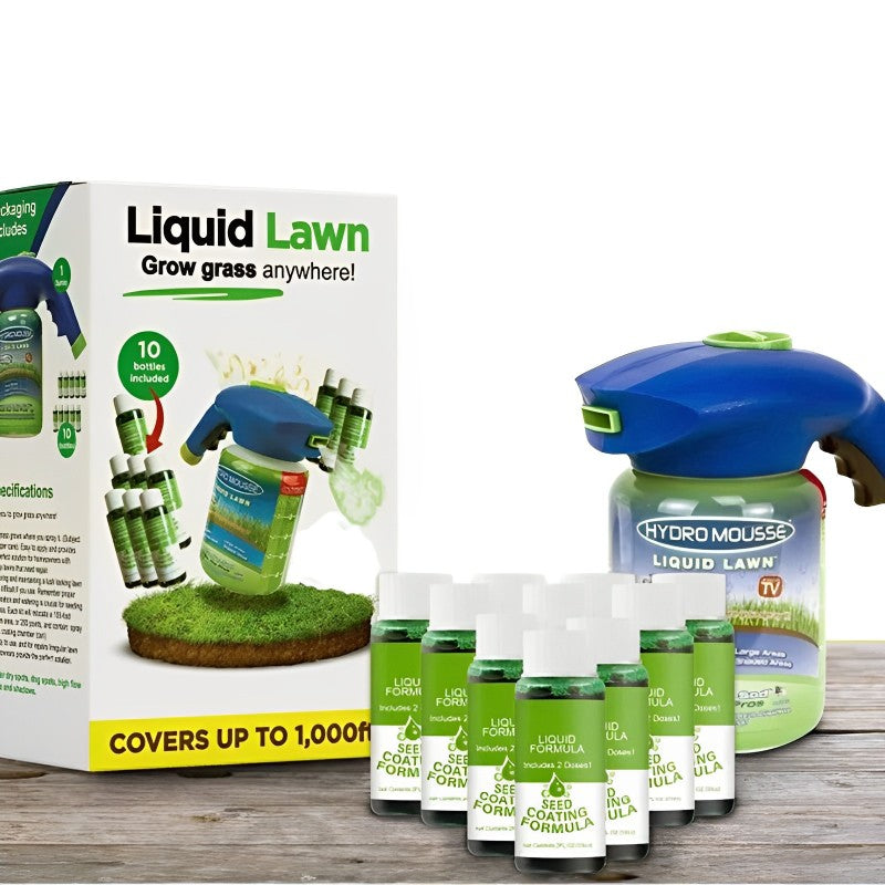 Hydro Mousse Liquid Lawn sæt med sprøjte og 10 flasker græsfrø. Effektiv græsplænepleje, nem anvendelse, dækker op til 1000 kvadratfod.