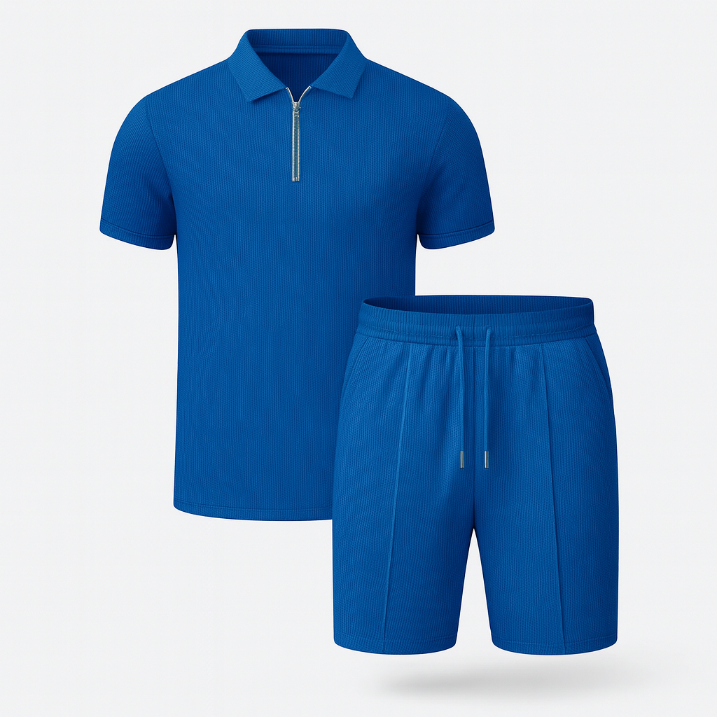 Blue summer waffle solid color zipper lapel short-sleeved set with shorts