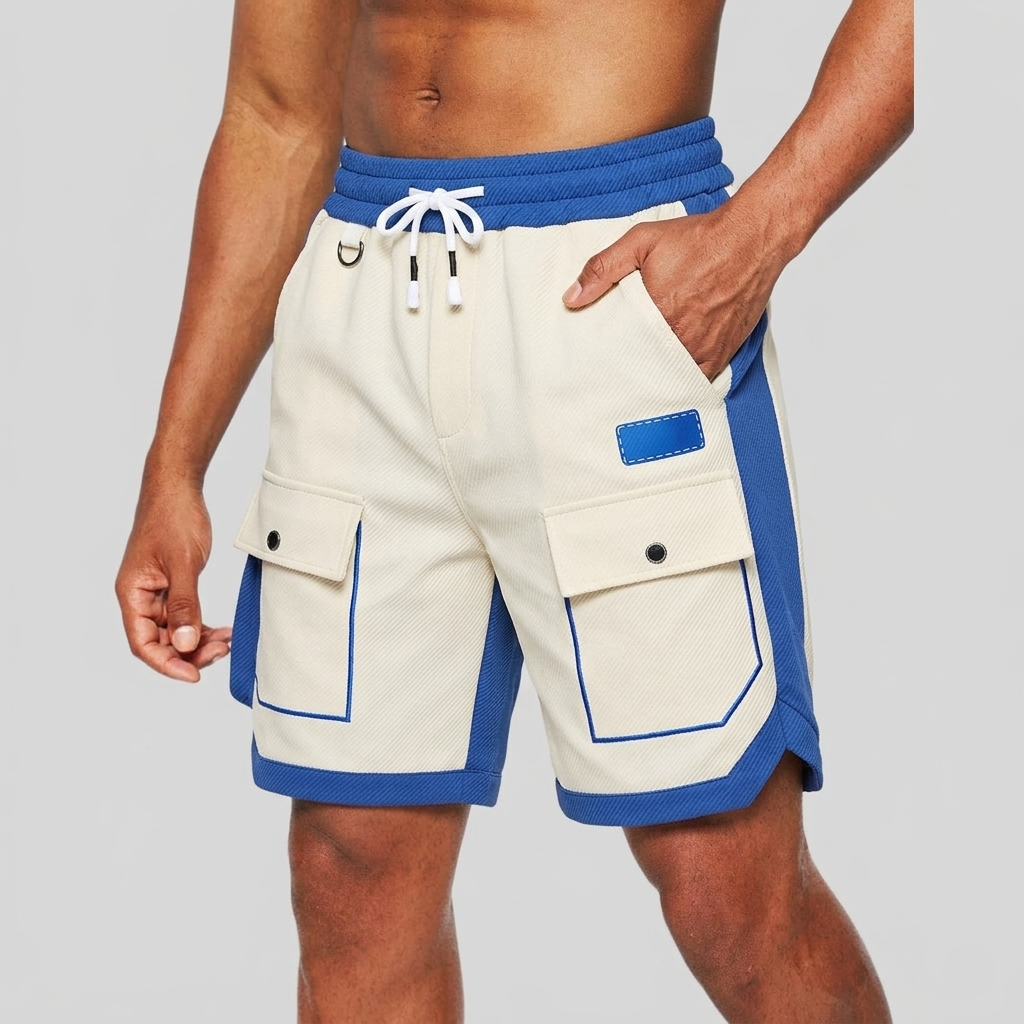Loose Cargo Shorts for Men - Contrast Panels and Drawstring Waist