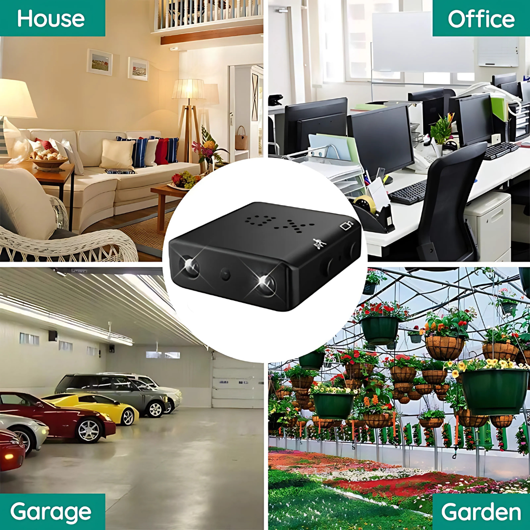 Sort mini-kamera til overvågning i hjem, kontor, garage og have. Diskret sikkerhedsløsning med høj opløsning og bred anvendelse.