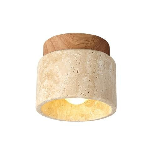 Moderne loftlampe i travertin og træ, minimalistisk design, ideel til stue eller køkken. Naturlige materialer, skandinavisk stil belysning.