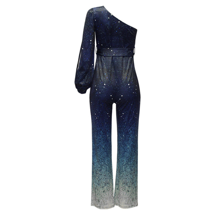 Macacão Fayenne de um ombro só para mulheres | macacão ombré disco com pernas largas e estilo anos 70