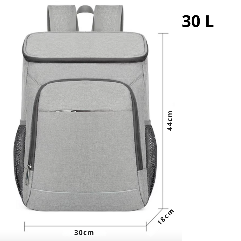 Grå rygsæk 30L med lynlåslomme, netlommer på siderne, måler 44x30x18 cm. Ideel til skole, rejse, hverdag. Slidstærkt materiale, moderne design.