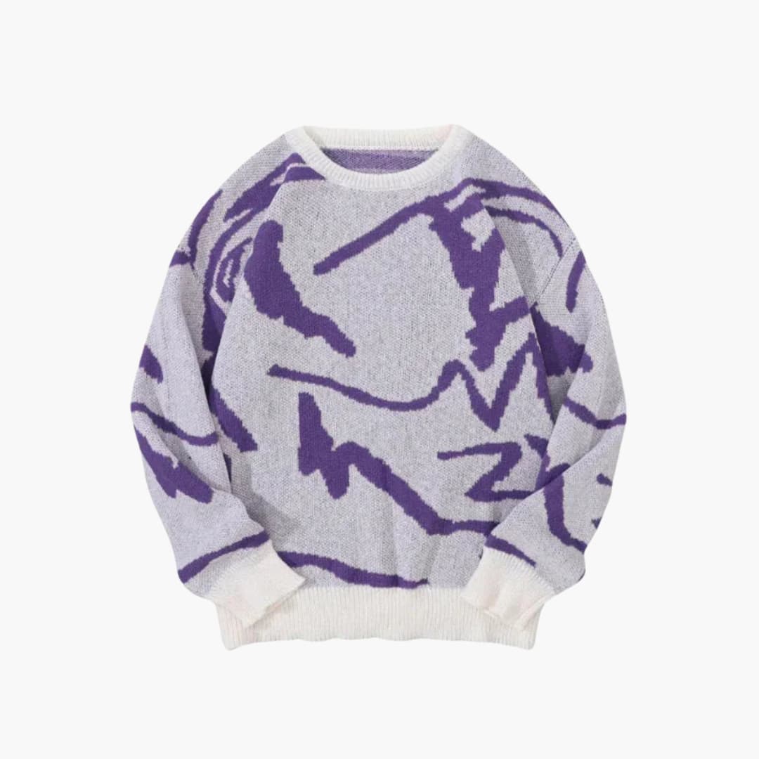 Grå sweater med lilla abstrakt mønster, rund hals og lange ærmer. Moderne striktrøje til efterår og vinter. Unisex mode, komfortabelt design.