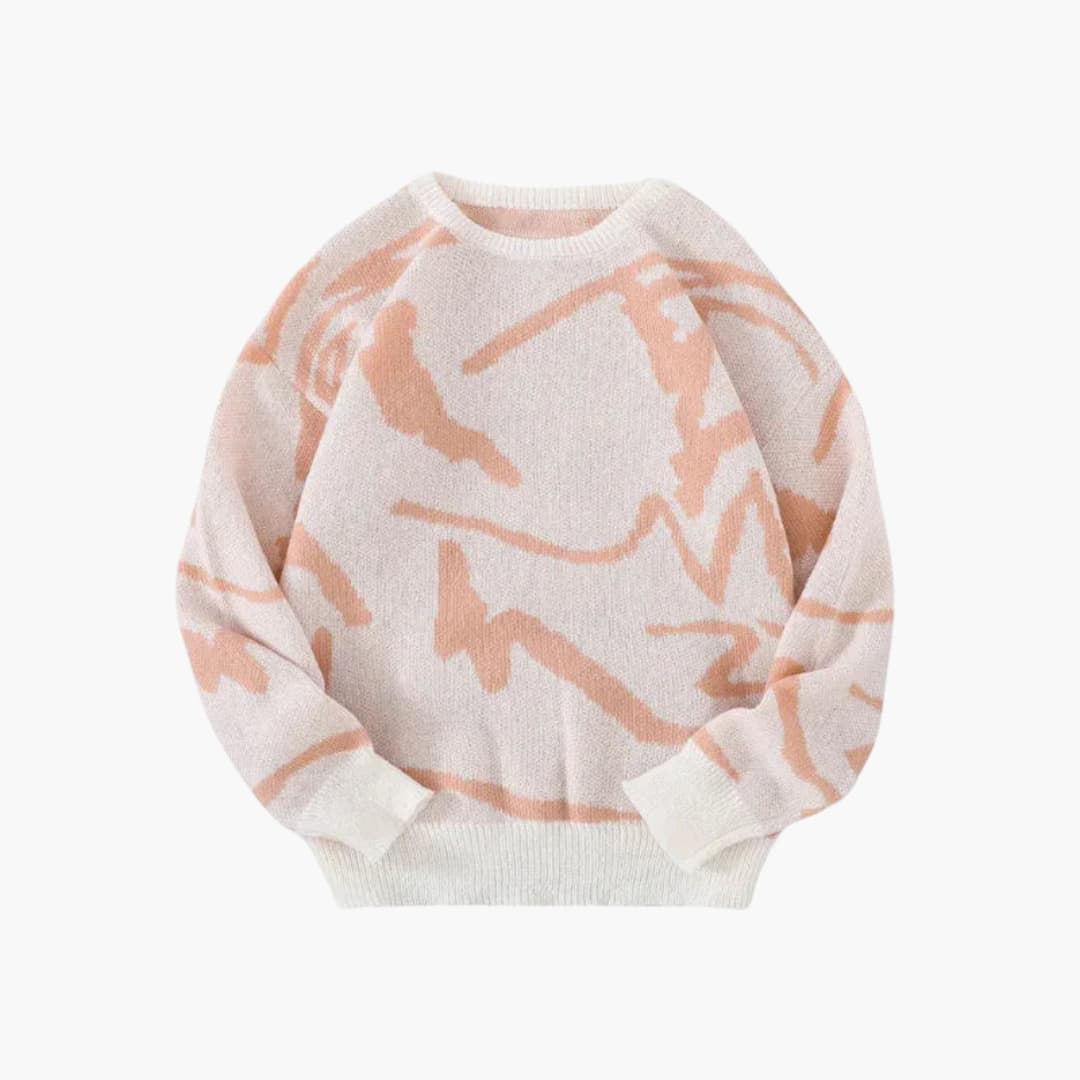 Lyserød og hvid striktrøje med abstrakt mønster, rund hals og lange ærmer. Perfekt til efterårsmode og casual stil. Unisex design.