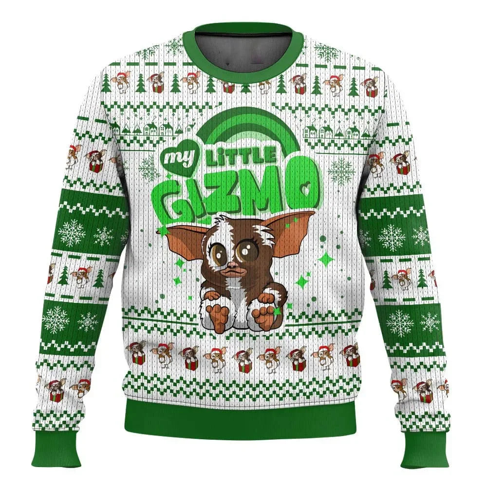 Grøn og hvid julesweater med "My Little Gizmo" design, featuring Mogwai-figurer og snefnug. Perfekt til jul og popkultur-entusiaster.
