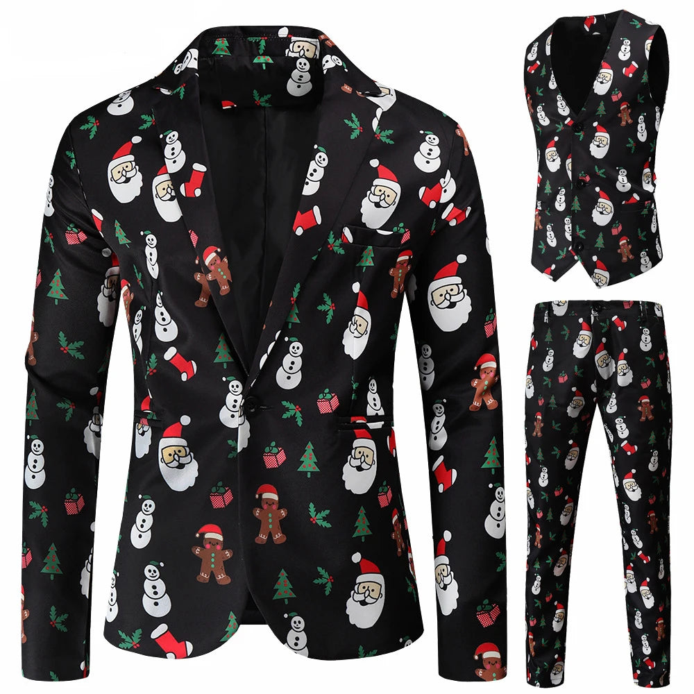 Julesæt til mænd med sort baggrund, dekoreret med julemotiver som julemand, snemænd, peberkagemænd og juletræer. Perfekt til festlig påklædning.
