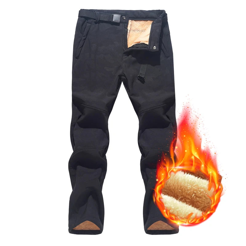 Sort fleeceforet vandtæt vinterbukser til mænd, termisk isolering, vindtæt, udendørs trekking, varm beklædning, komfortabel pasform, slidstærk.
