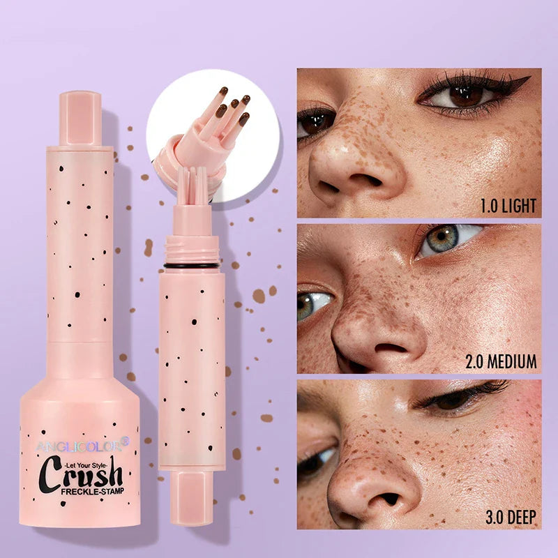 Freckle Stamp makeup produkt med tre nuancer: lys, medium og dyb. Perfekt til at skabe naturlige fregner. Ideel til skønhed og makeup entusiaster.