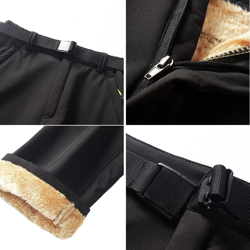 Vinterbukser til mænd med fleecefor, lynlåsdetaljer og justerbart bælte. Ideelle til udendørsaktiviteter i koldt vejr. Komfort og varme.