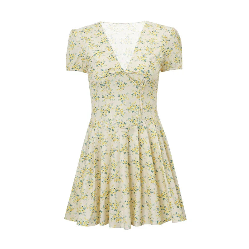 Ρόμπι καλοκαιρινό φόρεμα για γυναίκες | Κοντό φλοράλ φόρεμα με φουσκωτά μανίκια και άνοιγμα στην πλάτη με φιόγκο