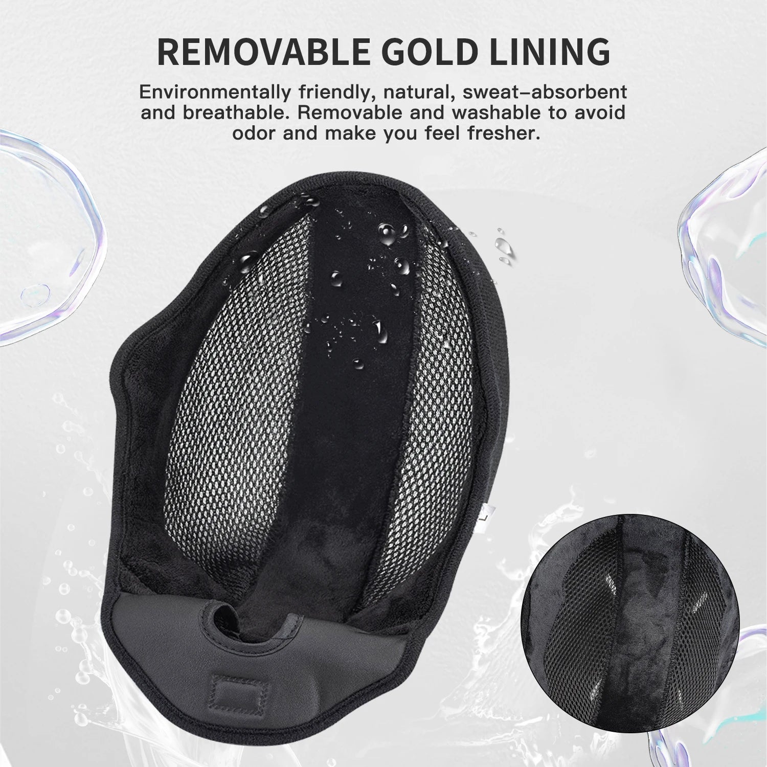 Sort åndbart ansigtsmaske med aftagelig guldforing, miljøvenlig, svedabsorberende, vaskbar. Ideel til friskhed og lugtkontrol.