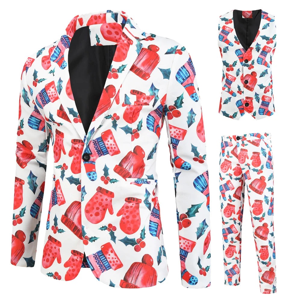 Julesæt til mænd med farverigt mønster af vanter, klokker og julemotiver på hvid baggrund. Perfekt til festlige lejligheder og julefrokoster.