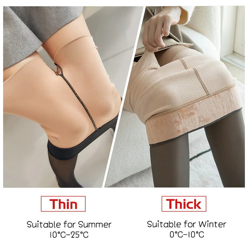 To ben iført strømpebukser; venstre ben i tynde strømpebukser til sommer, højre ben i tykke strømpebukser til vinter. Temperaturangivelser inkluderet.