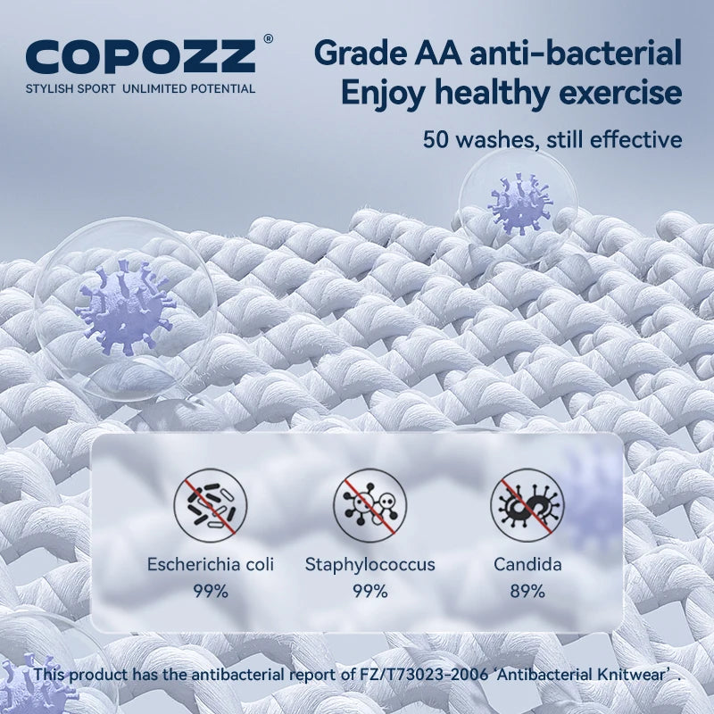 Antibakterielt stof fra Copozz med Escherichia coli, Staphylococcus og Candida beskyttelse. Effektiv efter 50 vaske. Ideel til sund træning.