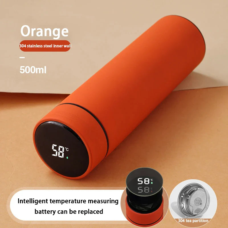 Orange termoflaske 500ml med intelligent temperaturmåler, 304 rustfrit stål indvendig væg, udskifteligt batteri, tepartition.