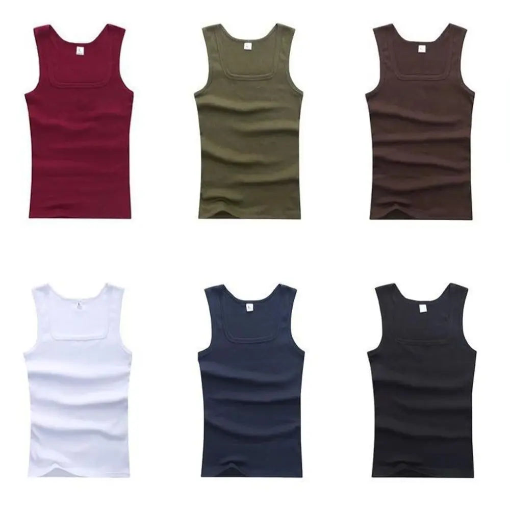 Seks ærmeløse tanktops i forskellige farver: rød, grøn, brun, hvid, blå og sort. Ideel til herremode, sommerbeklædning, casual stil.