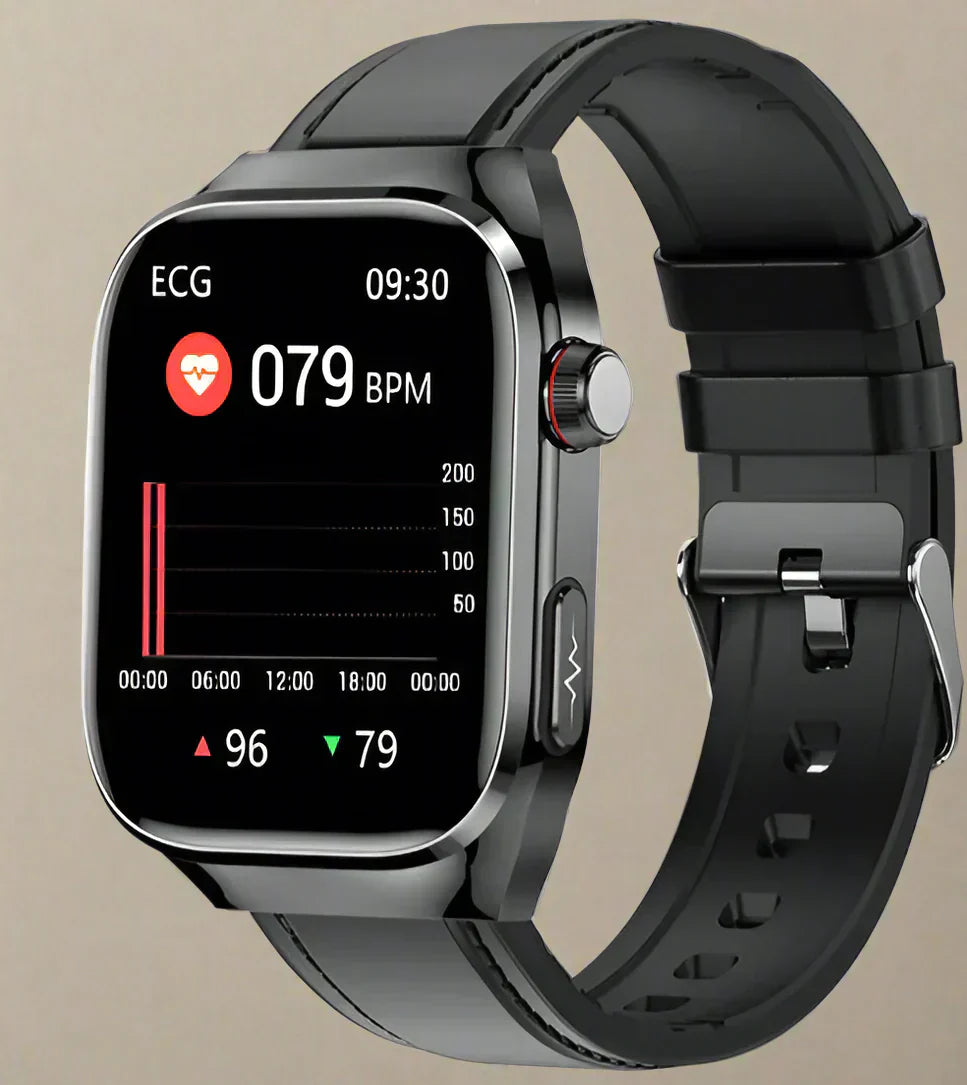 Sort smartwatch med rektangulær skærm, viser pulsmåling og EKG-data. Moderne design, sort rem, sundhedsovervågning, teknologi, bærbar gadget.