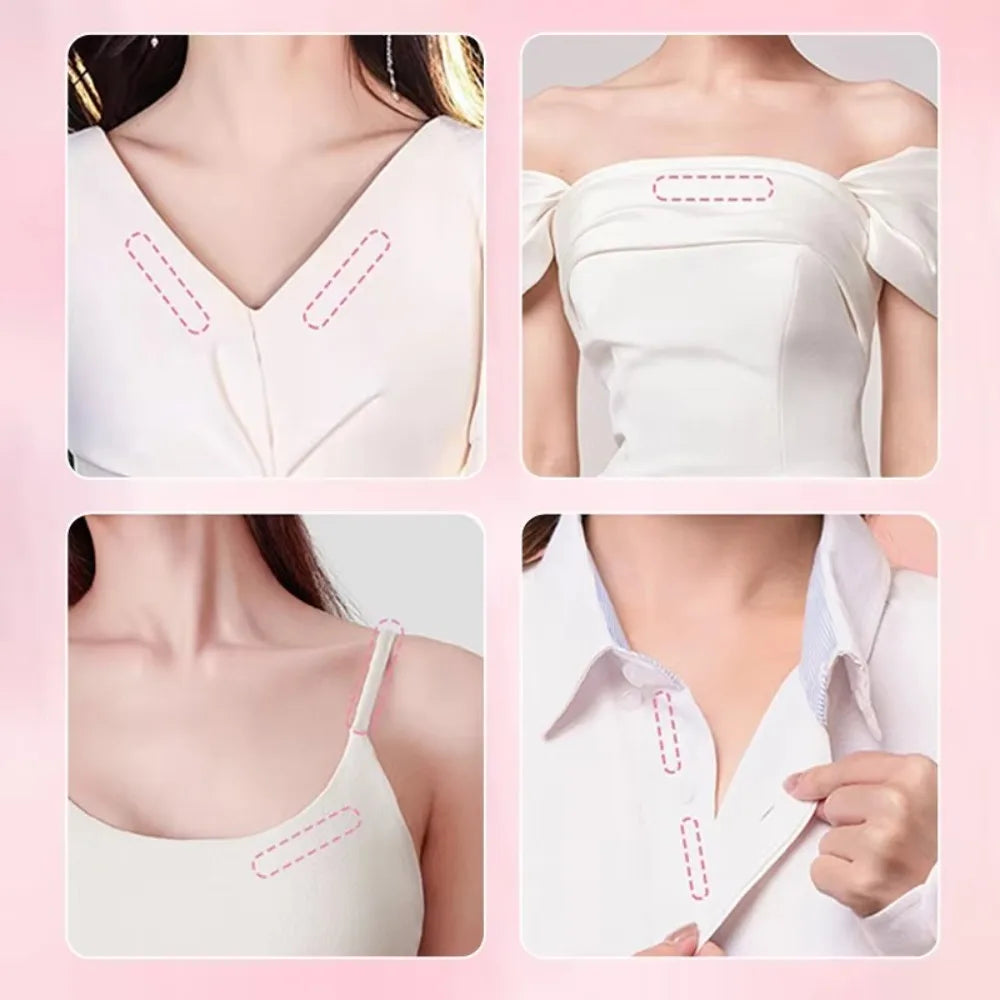 Fire kvinders overdele med forskellige halsudskæringer: V-udskæring, off-shoulder, spaghetti-stropper og skjortekrave. Fokus på tøjdesign.