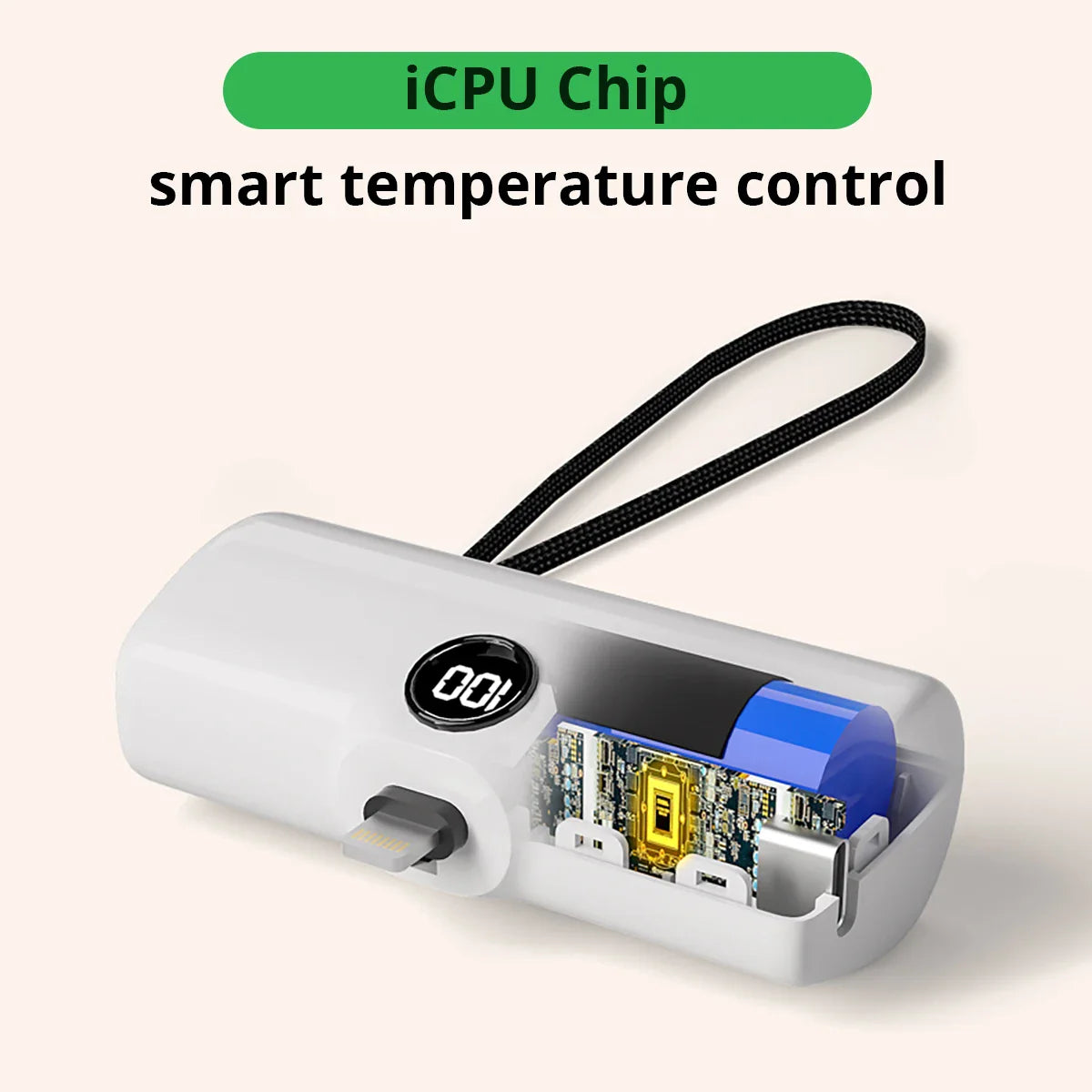 Hvid bærbar oplader med iCPU-chip og smart temperaturkontrol, USB-stik og digitalt display. Ideel til hurtig opladning af enheder.