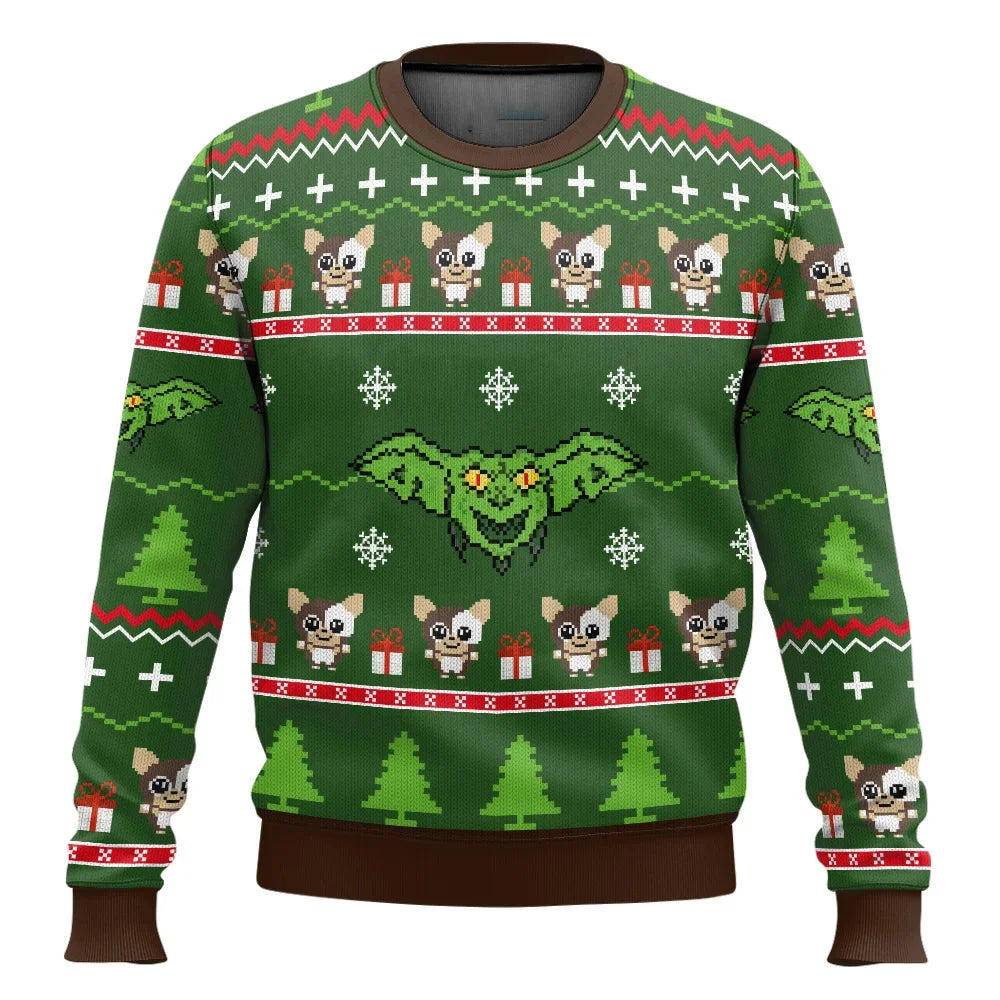 Grøn julesweater med nissekatte, juletræer og gaver. Perfekt til jul, sjovt design, unisex, varm og behagelig. Ideel til julefester.