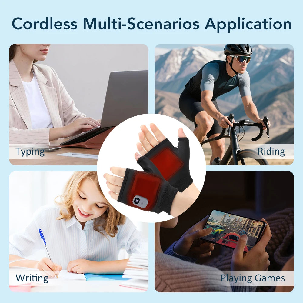 Billede af trådløse håndvarmere i brug: kvinde skriver på laptop, cyklist på vej, pige skriver i notesbog, person spiller spil på smartphone.