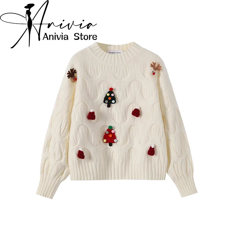 Hvid julesweater med rensdyr og juletræer, kabelstrik, unisex design, perfekt til vinter og jul, Anivia Store.