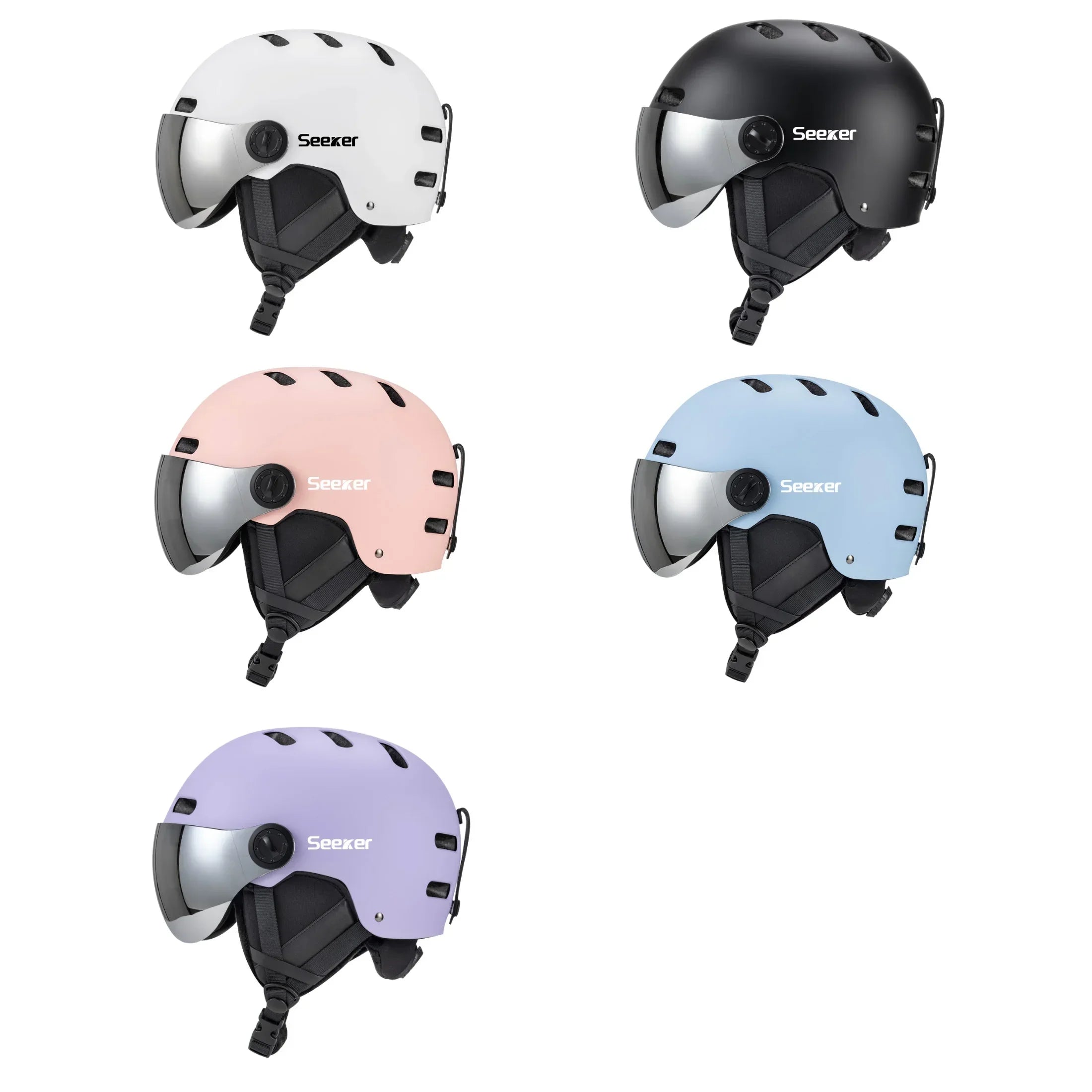 Fem Seexer skihjelme i forskellige farver: hvid, sort, lyserød, blå og lilla. Hjelmene har visir og justerbare stropper, ideelle til vintersport.