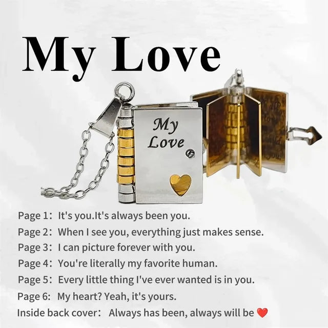 Sølvfarvet bogformet vedhæng med teksten "My Love", åbent for at afsløre indgraverede romantiske beskeder. Perfekt som kærlighedsgave eller smykke.