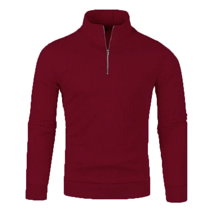 Bordeaux rød herretrøje med lynlås, høj hals og lange ærmer. Stilfuld og varm sweater til efterår og vinter. Perfekt til casual og formelle lejligheder.