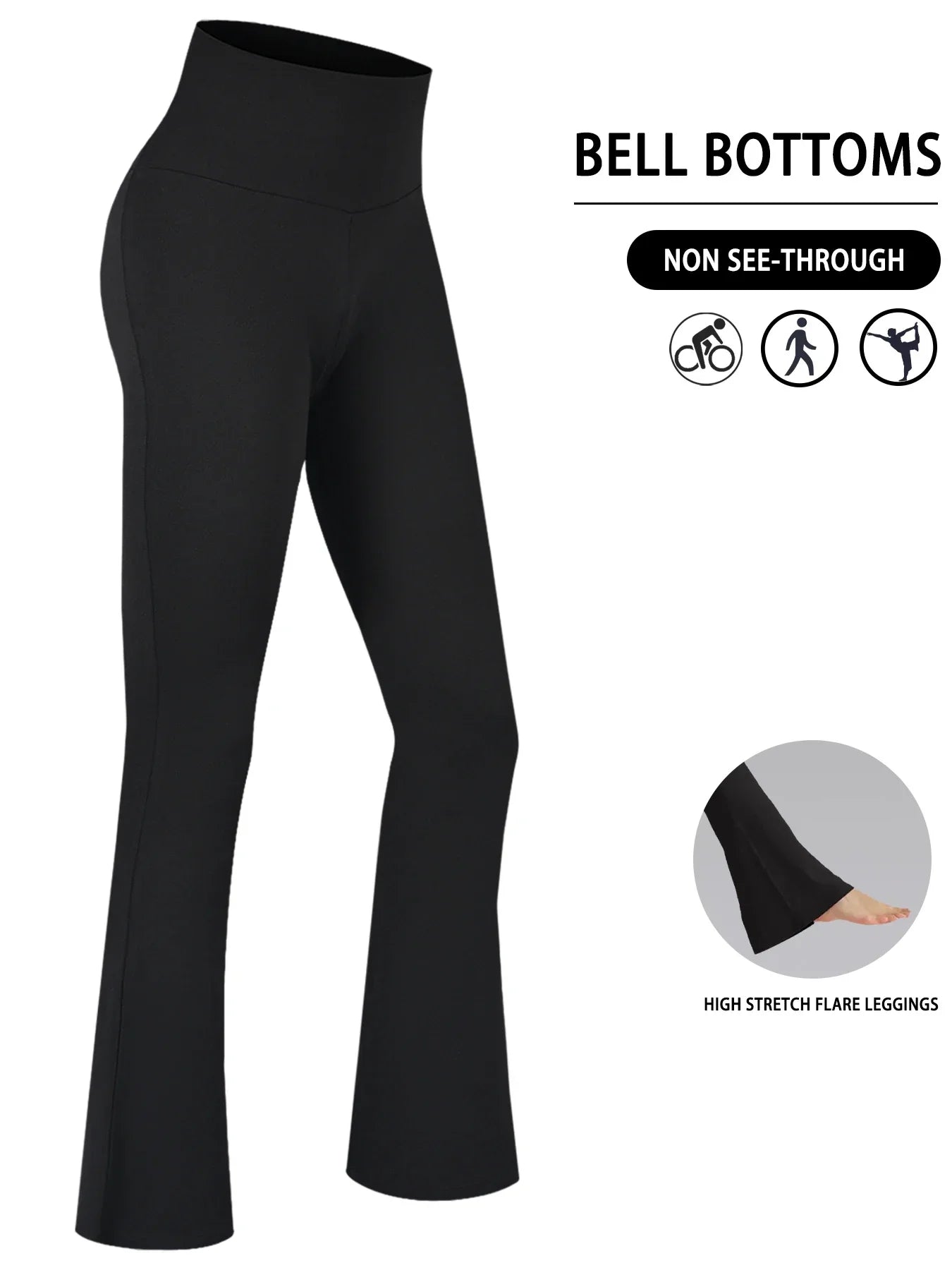 Sorte bell bottoms leggings til kvinder, høj talje, ikke-gennemsigtige, høj strækbarhed, flare design, ideelle til yoga og fitness.