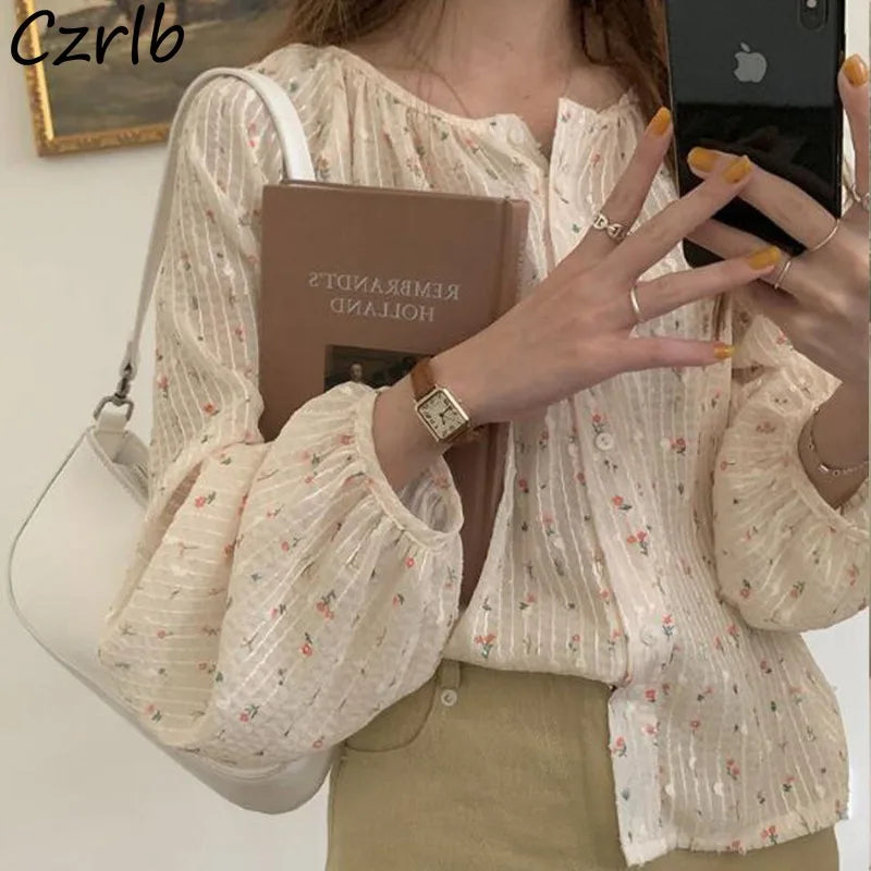 Šifonová halenka pro ženy letní květinový potisk dívka dlouhý lucernový rukáv O-krk s knoflíky elegantní jednoduchá