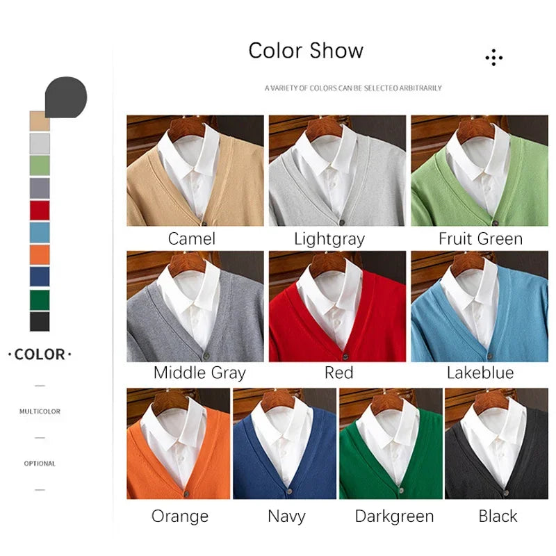 Farveprøve af cardigans i ni nuancer: camel, lysegrå, frugtgrøn, mellemgrå, rød, søblå, orange, navy, mørkegrøn, sort. Viser farvevariationer og stil.