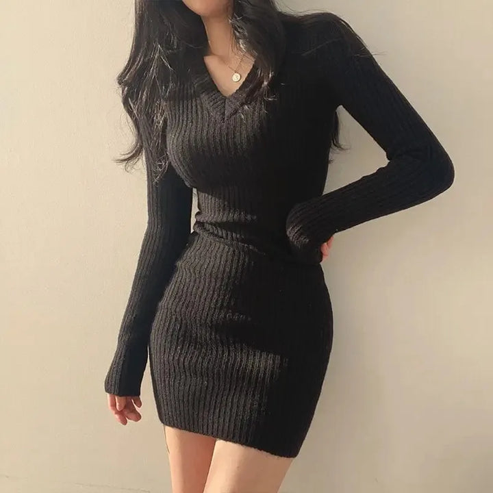 Julia Elegant Rib Knit Mini Dress | V-λαιμό και μακριά μανίκια