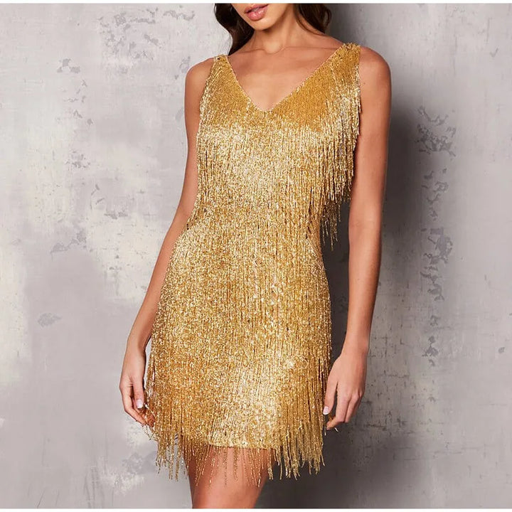 Vestido de coquetel Noelle para mulheres | Vestido de noite elegante com penas, babados e decote em V