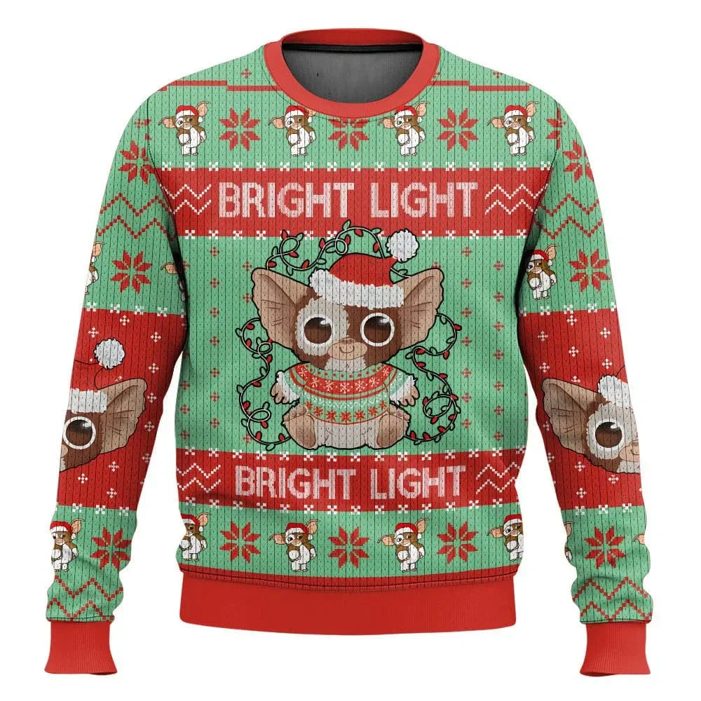 Julesweater med Mogwai-motiv, rød og grøn, med teksten "Bright Light". Perfekt til jul, sjovt design, populær filmreferencer, unisex.
