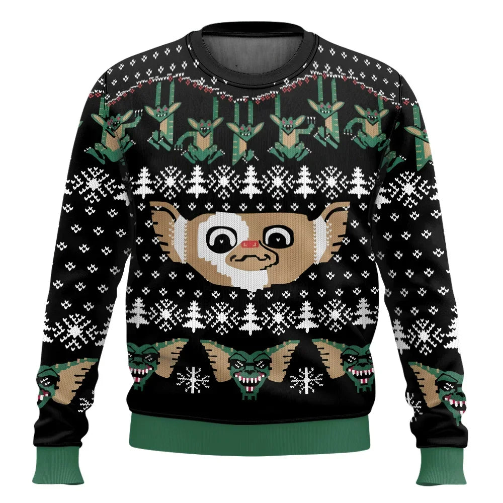 Sort julesweater med et stort Gremlins-motiv, snefnug og grønne detaljer. Perfekt til jul, popkultur-fans og unikke julefester.