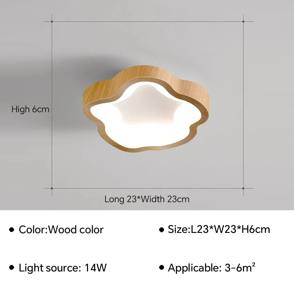 Træfarvet loftlampe i blomstform, LED-lyskilde 14W, dimensioner L23xW23xH6cm, velegnet til rum på 3-6m². Modernistisk design.