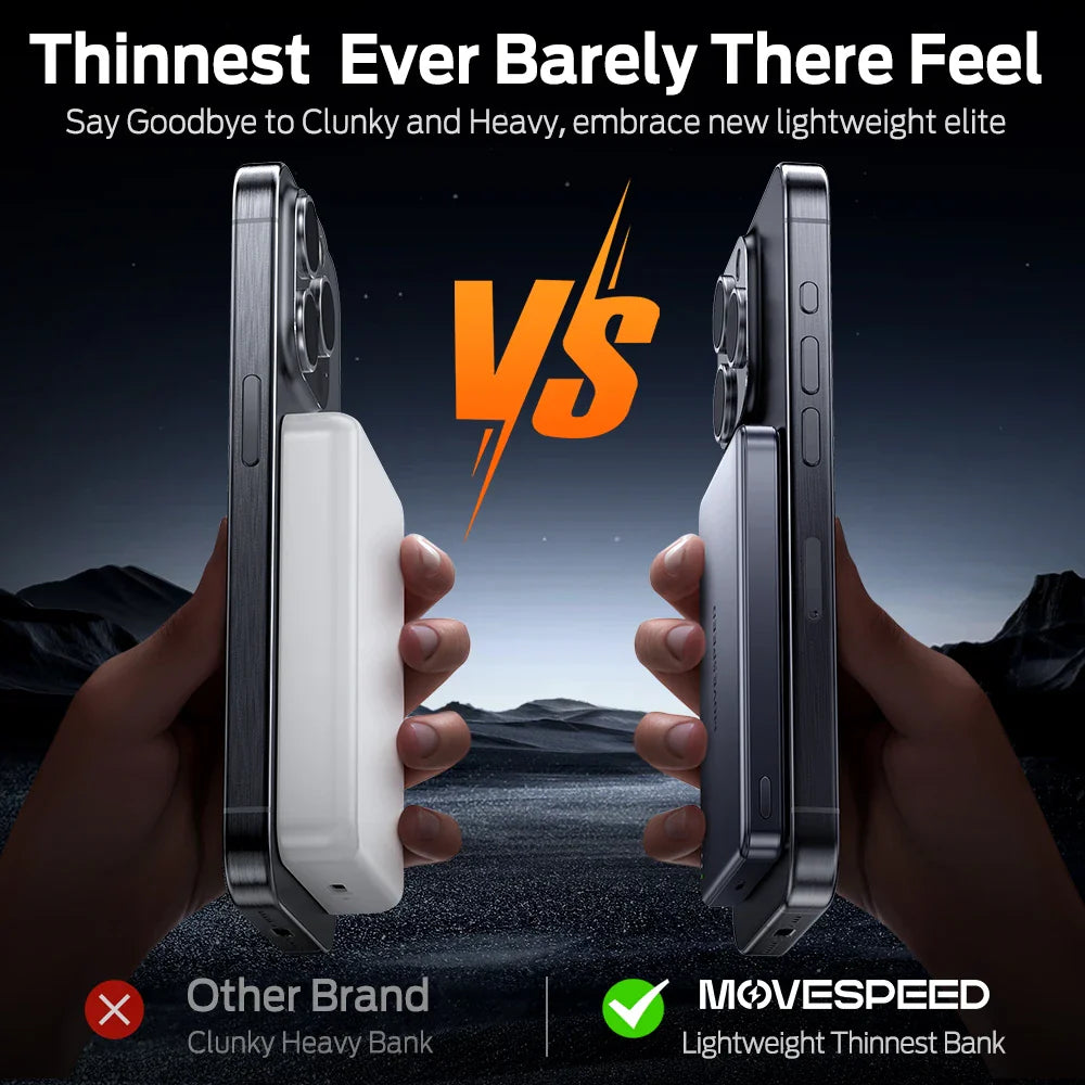 To tynde powerbanks sammenlignes; Movespeed letvægtsmodel vs. en klodset, tung model. Movespeed er slankere og mere bærbar.